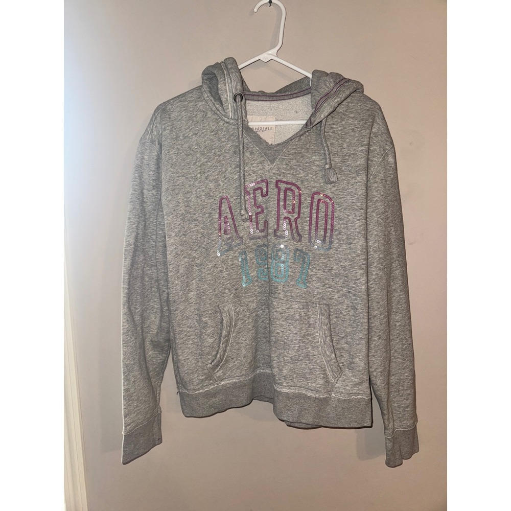 Y2K Aeropostale Womens XL Gray Sequin Aero 1987 Graphic Pullover Hoodie Sweater